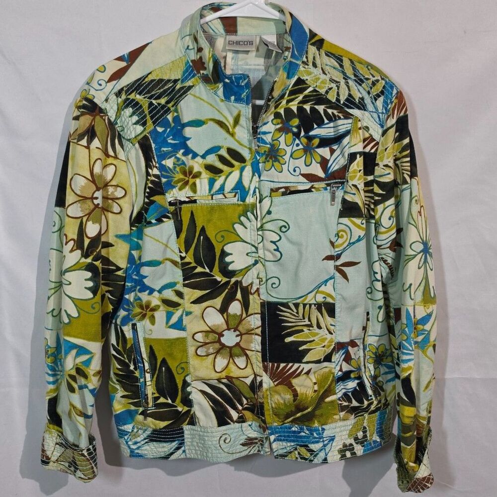 Chico's Floral Patchwork Jacket Full Zip Utility Cotton Teal Multi Size 2
